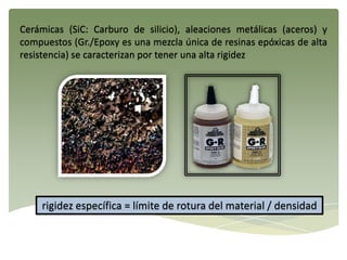 Cerámicas (SiC: Carburo de silicio), aleaciones metálicas (aceros) y
compuestos (Gr./Epoxy es una mezcla única de resinas epóxicas de alta
resistencia) se caracterizan por tener una alta rigidez
rigidez específica = límite de rotura del material / densidad
 