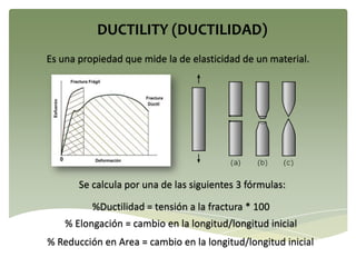 Es una propiedad que mide la de elasticidad de un material.
DUCTILITY (DUCTILIDAD)
Se calcula por una de las siguientes 3 fórmulas:
%Ductilidad = tensión a la fractura * 100
% Elongación = cambio en la longitud/longitud inicial
% Reducción en Area = cambio en la longitud/longitud inicial
 
