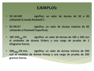 • 50 -60 HRC significa: un valor de dureza de 50 a 60
utilizando la escala Rockwell C.
• 85 HR15T significa: un valor de dureza máxima de 85
utilizando el Rockwell Superficial,
• 185-2401kgF HV significa: un valor de dureza de 185 a 240 con
el probador de dureza Vickers y una carga de prueba de 1
kilogramo-fuerza.
• 500200gF HK min. significa: un valor de dureza mínima de 500
con el medidor de dureza Knoop y una carga de prueba de 200
gramos-fuerza.
EJEMPLOS:
 