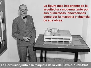 Le Corbusier junto a la maqueta de la villa Savoie. 1929-1931 La figura más importante de la arquitectura moderna tanto por sus numerosas innovaciones como por la maestría y vigencia de sus obras. 