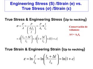 Engineering Stress (S) /Strain (e) vs.
True Stress (σ) /Strain (ε)
True Stress & Engineering Stress (Up to necking)
True Strain & Engineering Strain (Up to necking)
( )eS
l
l
S
l
ll
S
l
l
A
P
l
lA
P
A
P
+=




 ∆
+=




 ∆+
=
•=






==
11
00
0
0000
σ
( )e
l
ll
l
l
+=




 ∆+
== 1lnlnln
0
0
0
ε
Conservación de
volumen:
A·l = A0·l0
 