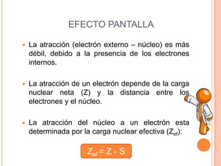 EFECTO PANTALLALa atracción (electrón externo – núcleo) es más débil, debido a la presencia de los electrones internos.La atracción de un electrón depende de la carga nuclear neta (Z) y la distancia entre los electrones y el núcleo.La atracción del núcleo a un electrón esta determinada por la carga nuclear efectiva (Zef):Zef= Z - S