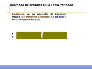 Acomodo de orbitales en la Tabla Periódica   Finalmente,  en los elementos de transición interna , los elementos completan los  orbitales f  de su antepenúltima capa.  6 7 