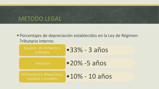 METODO LEGAL

 Porcentajes de depreciación establecidos en la Ley de Régimen
  Tributario Interno:
   Equipos de cómputo y
         software              •33% - 3 años
          Vehículos            •20% -5 años
  Instalaciones, Maquinaria,
      equipos y muebles        •10% - 10 años
 
