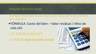 Método de línea recta:
Distribuye linealmente el valor depreciable de un activo fijo a lo largo
de su vida útil.
FÓRMULA: Costo del bien – Valor residual / Años de
 vida útil.
= 22.500,00-3.000,00/5
= 3.900,00 Depreciación Anual
 