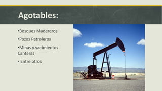 Agotables:
•Bosques Madereros
•Pozos Petroleros
•Minas y yacimientos
Canteras
• Entre otros
 