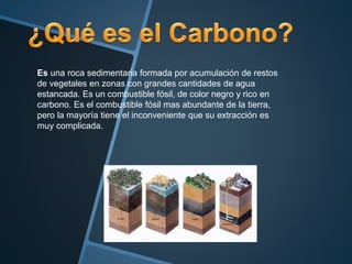 Es una roca sedimentaria formada por acumulación de restos
de vegetales en zonas con grandes cantidades de agua
estancada. Es un combustible fósil, de color negro y rico en
carbono. Es el combustible fósil mas abundante de la tierra,
pero la mayoría tiene el inconveniente que su extracción es
muy complicada.
 