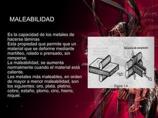 Es la capacidad de los metales de hacerse láminas Esta propiedad que permite que un material que se deforme mediante martilleo, rolado o prensado, sin romperse. La maleabilidad, se aumenta normalmente cuando el material está caliente. Los metales más maleables, en orden de mayor a menor maleabilidad, son los siguientes: oro, plata, platino, cobre, estaño, plomo, cinc, hierro, níquel. MALEABILIDAD 