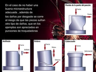 En el caso de no haber una buena microestructura adecuada , además de  los daños por desgaste se corre el riesgo de que las piezas sufran otro tipo de daños, que en los ejemplos son apreciados en punzones de troqueladoras   