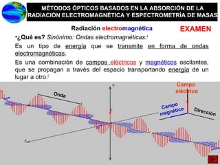 Dirección de Cadena de S uminis troDirección de Cadena de S uminis tro
Radiación electromagnética
•¿Qué es? Sinónimo: Ondas electromagnéticas.4
Es un tipo de energía que se transmite en forma de ondas
electromagnéticas.
Es una combinación de campos eléctricos y magnéticos oscilantes,
que se propagan a través del espacio transportando energía de un
lugar a otro.2
Dirección
Campo
magnético
Campo
eléctricoOnda
MÉTODOS ÓPTICOS BASADOS EN LA ABSORCIÓN DE LA
RADIACIÓN ELECTROMAGNÉTICA Y ESPECTROMETRÍA DE MASAS
EXAMEN
 