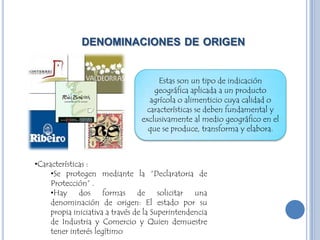 denominaciones de origenEstas son un tipo de indicación geográfica aplicada a un producto agrícola o alimenticio cuya calidad o características se deben fundamental y exclusivamente al medio geográfico en el que se produce, transforma y elabora.Características : 