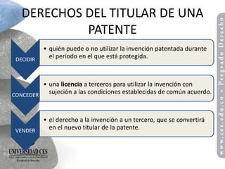 DERECHOS DEL TITULAR DE UNA
            PATENTE
           • quién puede o no utilizar la invención patentada durante
 DECIDIR
             el período en el que está protegida.



         • una licencia a terceros para utilizar la invención con
CONCEDER
           sujeción a las condiciones establecidas de común acuerdo.



           • el derecho a la invención a un tercero, que se convertirá
 VENDER
             en el nuevo titular de la patente.
 