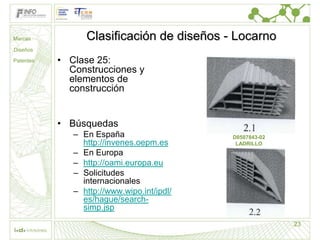 Marcas           Clasificación de diseños - Locarno
Diseños

Patentes   • Clase 25:
             Construcciones y
             elementos de
             construcción


           • Búsquedas
              – En España                   D0507843-02
                http://invenes.oepm.es       LADRILLO
              – En Europa
              – http://oami.europa.eu
              – Solicitudes
                internacionales
              – http://www.wipo.int/ipdl/
                es/hague/search-
                simp.jsp
                                                          23
 
