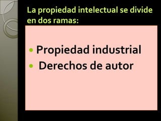 La propiedad intelectual se divide
en dos ramas:
 Propiedad industrial
 Derechos de autor
 
