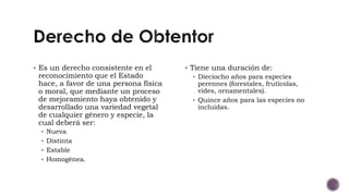  Es un derecho consistente en el
reconocimiento que el Estado
hace, a favor de una persona física
o moral, que mediante un proceso
de mejoramiento haya obtenido y
desarrollado una variedad vegetal
de cualquier género y especie, la
cual deberá ser:
 Nueva
 Distinta
 Estable
 Homogénea.
 Tiene una duración de:
 Dieciocho años para especies
perennes (forestales, frutícolas,
vides, ornamentales).
 Quince años para las especies no
incluidas.
 