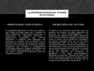 La propiedad industrial es el derecho exclusivo
que otorga el Estado para usar o explotar en
forma industrial y comercial las invenciones o
innovaciones de aplicación industrial o
indicaciones comerciales que realizan
individuos o empresas para distinguir sus
productos o servicios ante la clientela en el
mercado. Esta incluye las invenciones, marcas,
patentes, los esquemas de trazado de circuitos
integrados, los nombres y designaciones
comerciales, dibujos y modelos industriales, así
como indicaciones geográficas de origen, a lo
que viene a añadirse la protección contra la
competencia desleal.
Se aplica a las creaciones artísticas como los
poemas, las novelas, las obras musicales, las
pinturas, las obras cinematográficas y los
programas de ordenador. En inglés, a diferencia
de los demás idiomas europeos, el derecho de
autor se conoce con el nombre de “copyright”.
El término copyright tiene que ver con actos
fundamentales que, en lo que respecta a
creaciones literarias y artísticas, sólo pueden ser
efectuados por el autor o con su autorización. Se
trata, concretamente, dela realización de copias
de las obras literarias y artísticas como los
libros, las pinturas, las esculturas, las
fotografías y las obras cinematográficas.
Mientras, la expresión "derecho de autor", nos
remite a la persona creadora de la obra artística,
a su autor, subrayando así el hecho que se
reconoce en la mayor parte de las leyes.
PROPIEDAD INDUSTRIAL: DERECHOS DE AUTOR:
LA PROPIEDAD INTELECTUAL SE DIVIDE
EN DOS RAMAS:
 