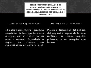 El autor puede obtener beneficio
económico de las reproducciones
o copias que se realicen de su
obra o recurso. Reproducir o
copiar un recurso sin
consentimiento del autor es ilegal.
Puesta a disposición del público
del original o copias de la obra
mediante su venta, alquiler,
préstamo, o de cualquier otra
forma.
Derecho de Reproducción: Derecho de Distribución:
DERECHOS PATRIMONIALES: O DE
EXPLOTACIÓN REPRESENTAN EL
DERECHO DEL AUTOR DE BENEFICIAR SE
ECONÓMICAMENTE DE SU PRODUCCIÓN
INTELECTUAL:
 
