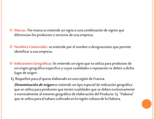  Marcas : Por marcase entiende un signo o una combinación de signos que
diferencian los productos o servicios de unaempresa.
 Nombres Comerciales: se entiende por el nombre o designaciones que permite
identificar a unaempresa.
 Indicaciones Geográficas: Se entiende unsigno que se utiliza para productos de
un origen geográfico especifico y cuyas cualidades o reputación se deben a dicho
lugar de origen.
Ej. Roquefort para el queso elaborado en unaregión de Francia.
Denominacióndeorigense entiende un tipo especial de indicación geográfica
que se utiliza para productos que tienen cualidades que se deben exclusivamente
o esencialmente al entorno geográfico de elaboración del Producto. Ej. “Habana”
que se utiliza para el tabaco cultivado en la región cubana de la Habana.
 