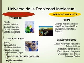 Universo de la Propiedad Intelectual
PROPIEDAD INDUSTRIAL DERECHOS DE AUTOR
INVENCIONES
Patentes
Modelos de Utilidad
Diseños Industriales
Circuitos Integrados
Secretos Industriales
SIGNOS DISTINTIVOS
Marcas
Marca Colectiva
Nombres Comerciales
Avisos Comerciales
Denominación de Origen
OBRAS
Literarias, musicales, artísticas
fotográficas, cinematográficas,
arquitectónica, dramática…
Software
DERECHOS CONEXOS
Artistas intérpretes o ejecutantes
Editores de libros
Productores de fonogramas
Productores de videogramas
Organismos de radiodifusión
Señales de Satélite
DERECHOS DE OBTENTOR (SAGARPA)
Variedades vegetales
 