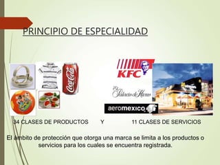 34 CLASES DE PRODUCTOS Y 11 CLASES DE SERVICIOS
PRINCIPIO DE ESPECIALIDAD
El ámbito de protección que otorga una marca se limita a los productos o
servicios para los cuales se encuentra registrada.
 