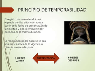 PRINCIPIO DE TEMPORABILIDAD
El registro de marca tendrá una
vigencia de diez años contados a
partir de la fecha de presentación de
la solicitud y podrá renovarse por
períodos de la misma duración.
La renovación podrá hacerse ya sea
seis meses antes de la vigencia o
bien seis meses después.
PRESENTACION 6 MESES
DESPUES
6 MESES
ANTES
 