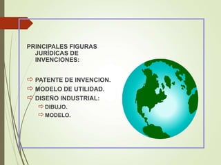 PRINCIPALES FIGURAS
JURÍDICAS DE
INVENCIONES:
 PATENTE DE INVENCION.
 MODELO DE UTILIDAD.
 DISEÑO INDUSTRIAL:
DIBUJO.
MODELO.
 