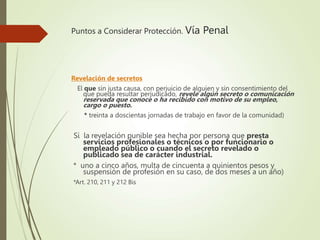 Puntos a Considerar Protección. Vía Penal
Revelación de secretos
El que sin justa causa, con perjuicio de alguien y sin consentimiento del
que pueda resultar perjudicado, revele algún secreto o comunicación
reservada que conoce o ha recibido con motivo de su empleo,
cargo o puesto.
* treinta a doscientas jornadas de trabajo en favor de la comunidad)
Si la revelación punible sea hecha por persona que presta
servicios profesionales o técnicos o por funcionario o
empleado público o cuando el secreto revelado o
publicado sea de carácter industrial.
* uno a cinco años, multa de cincuenta a quinientos pesos y
suspensión de profesión en su caso, de dos meses a un año)
*Art. 210, 211 y 212 Bis
 