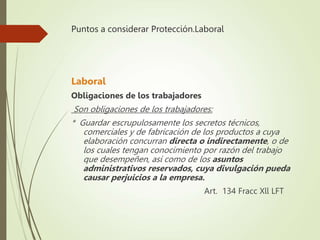 Puntos a considerar Protección.Laboral
Laboral
Obligaciones de los trabajadores
Son obligaciones de los trabajadores:
* Guardar escrupulosamente los secretos técnicos,
comerciales y de fabricación de los productos a cuya
elaboración concurran directa o indirectamente, o de
los cuales tengan conocimiento por razón del trabajo
que desempeñen, así como de los asuntos
administrativos reservados, cuya divulgación pueda
causar perjuicios a la empresa.
Art. 134 Fracc Xll LFT
 