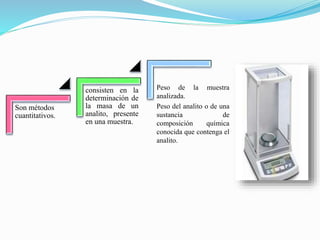 Peso de la muestra
analizada.
Peso del analito o de una
sustancia de
composición química
conocida que contenga el
analito.
Son métodos
cuantitativos.
consisten en la
determinación de
la masa de un
analito, presente
en una muestra.
 