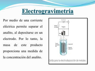 Electrogravimetría
Por medio de una corriente
eléctrica permite separar el
analito, al depositarse en un
electrodo. Por lo tanto, la
masa de este producto
proporciona una medida de
la concentración del analito.
 
