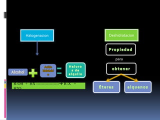 Halogenacion                   Deshidratacion




                                        para




R-OH + HX ----------------- R-X +
H2O
 