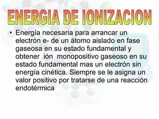 Energía necesaria para arrancar un electrón e- de un átomo aislado en fase gaseosa en su estado fundamental y obtener  ión  monopositivo gaseoso en su estado fundamental mas un electrón sin energía cinética. Siempre se le asigna un valor positivo por tratarse de una reacción endotérmica ENERGIA DE IONIZACION 
