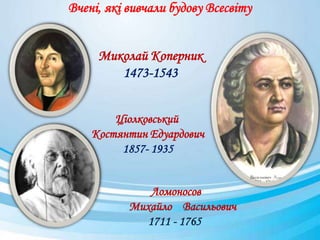 Вчені, які вивчали будову Всесвіту
Миколай Коперник
1473-1543
Ціолковський
Костянтин Едуардович
1857- 1935
Ломоносов
Михайло Васильович
1711 - 1765
 