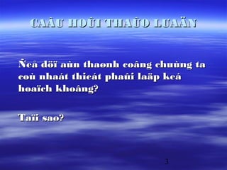 CAÂU HOÛI THAÛO LUAÄN


Ñeå döï aùn thaønh coâng chuùng ta
coù nhaát thieát phaûi laäp keá
hoaïch khoâng?

Taïi sao?



                          3
 
