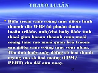 THAÛO LUAÄN


 Döïa treân caùc coâng taùc ñöôïc hình
  thaønh töø WBS ôû phaàn thaûo
  luaän tröôùc, anh/chò haõy öôùc tính
  thôøi gian hoaøn thaønh cuûa moãi
  coâng taùc vaø moái quan heä tröôùc
  sau giöõa caùc coâng taùc vôùi nhau.
  Töø ñoù haõy xaây döïng sô ñoà thanh
  ngang vaø sô ñoà maïng (CPM/
  PERT) cho döï aùn naøy.
                             32
 