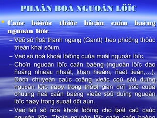 PHAÂN BOÅ NGUOÀN LÖÏC
 Caùc böôùc thöïc hieän caân baèng
  nguoàn löïc
 – Veõ sô ñoà thanh ngang (Gantt) theo phöông thöùc
   trieån khai sôùm.
 – Veõ sô ñoà khoái löôïng cuûa moãi nguoàn löïc.
 – Choïn nguoàn löïc caân baèng (nguoàn löïc dao
   ñoäng nhieàu nhaát, khan hieám, ñaét tieàn,…).
   Dòch chuyeån caùc coâng vieäc coù söû duïng
   nguoàn löïc naøy trong thôøi gian döï tröõ cuûa
   chuùng ñeå caân baèng vieäc söû duïng nguoàn
   löïc naøy trong suoát döï aùn.
 – Veõ laïi sô ñoà khoái löôïng cho 42taát caû caùc
 