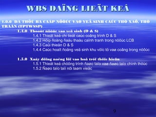 WBS DAÏNG LIEÄT KEÂ
1.0.0 DA THÖÙ BA CAÁP NÖÔÙC VAØ VEÄ SINH CAÙC THÒ XAÕ, THÒ
TRAÁN (TPTWSSP)
       1.4.0 Thoaùt nöôùc vaø veä sinh (D & S)
              1.4.1 Thieát keá chi tieát caùc coâng trình D & S
              1.4.2 Hôïp ñoàng ñaáu thaàu caïnh tranh trong nöôùc LCB
              1.4.3 Caûi thieän D & S
              1.4.4 Caùc hoaït ñoäng veä sinh khu vöïc tö vaø coâng trong nöôùc

        1.5.0 Xaây döïng naêng löï vaø hoã trôï thöïc hieän
               1.5.1 Thieát keá chöông trình ñaøo taïo vaø ñaøo taïo chính thöùc
               1.5.2 Ñaøo taïo taïi nôi laøm vieäc




                                                             9
 