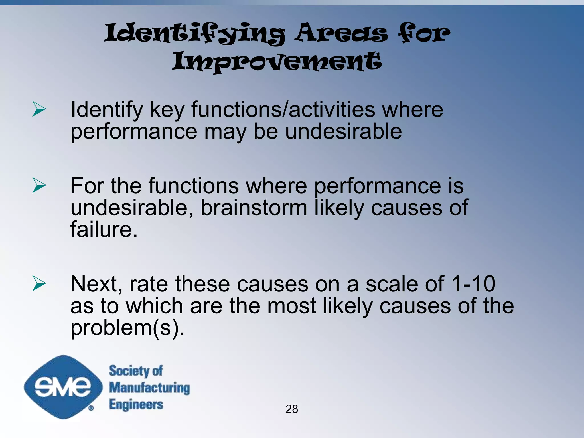 Identifying Areas for ImprovementIdentify key functions/activities where performance may be undesirable