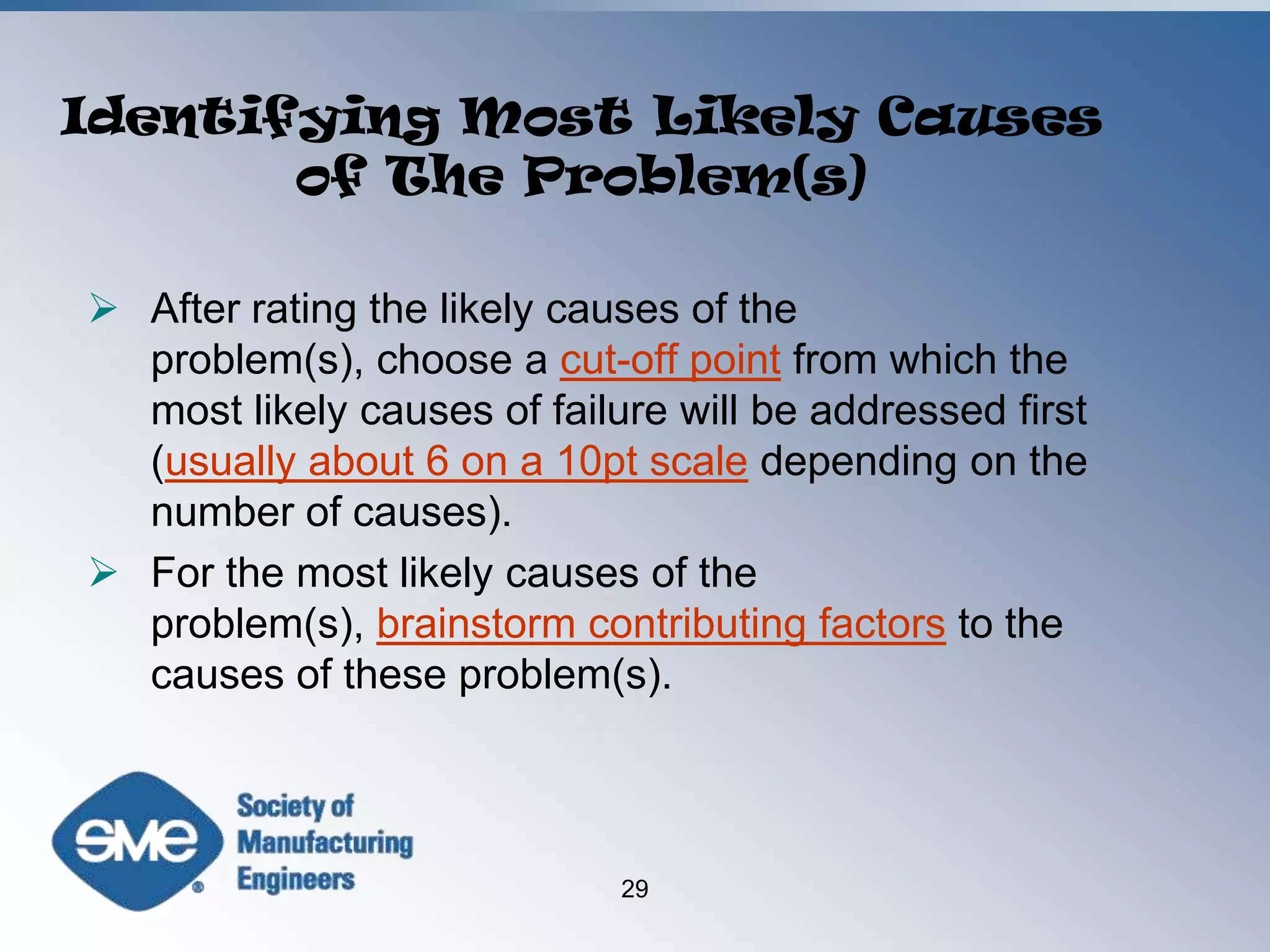 For the functions where performance is undesirable, brainstorm likely causes of failure.