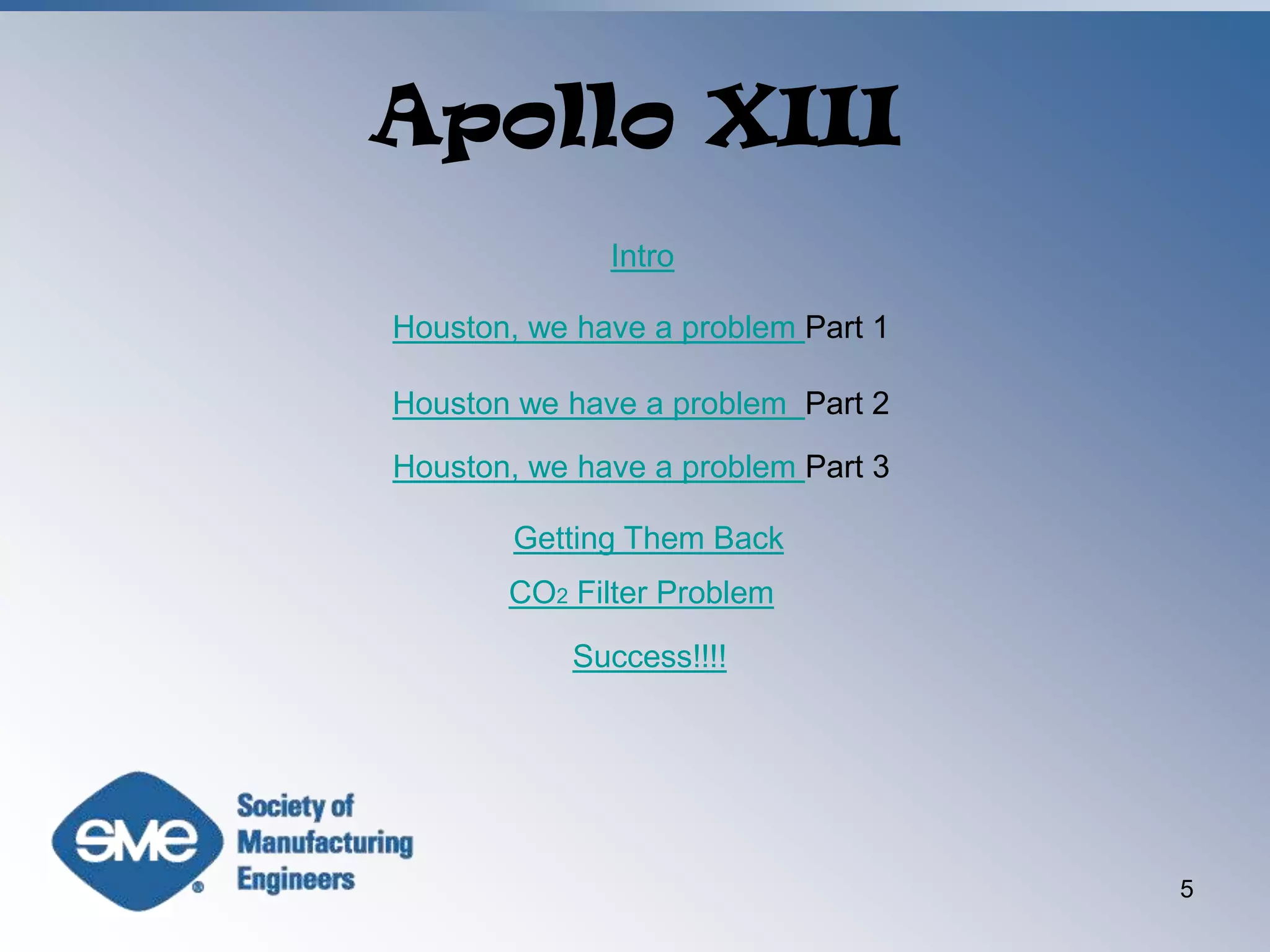 Apollo XIII5IntroHouston, we have a problem Part 1Houston we have a problem  Part 2Houston, we have a problem Part 3Getting Them BackCO2 Filter ProblemSuccess!!!!