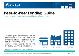 For more information about lending, please call +44 (0)203 397 8290 or email us at admin@proplend.com
Peer-to-Peer Lending Guide
Learn how to invest in secured Peer-to-Peer Loans
This short guide provides you with an
introduction to how you can earn
attractive returns of between 5-12%
pa* by investing in Peer-to-Peer
Loans secured against UK income
producing Commercial Property.
*After fees, but before bad debts & taxes. Capital at risk
Retail	 Office	Industrial	
Proplend 2016
 