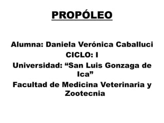 PROPÓLEO

Alumna: Daniela Verónica Caballuci
             CICLO: I
Universidad: “San Luis Gonzaga de
                Ica”
Facultad de Medicina Veterinaria y
             Zootecnia
 