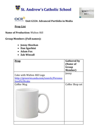 St. Andrews Catholic School
Unit G324: Advanced Portfolio in Media
Prop List
Name of Production: Walton Hill
Group Members (Full names):
? Jonny Sheehan
? Dan Sgarbini
? Adam Fox
? Zak Winsall
Prop Gathered by
(Name of
Group
Member)
Cake with Walton Hill Logo
http://groceries.asda.com/search/Persona
lised%20cake
Jonny
Coffee Mug Coffee Shop set
 