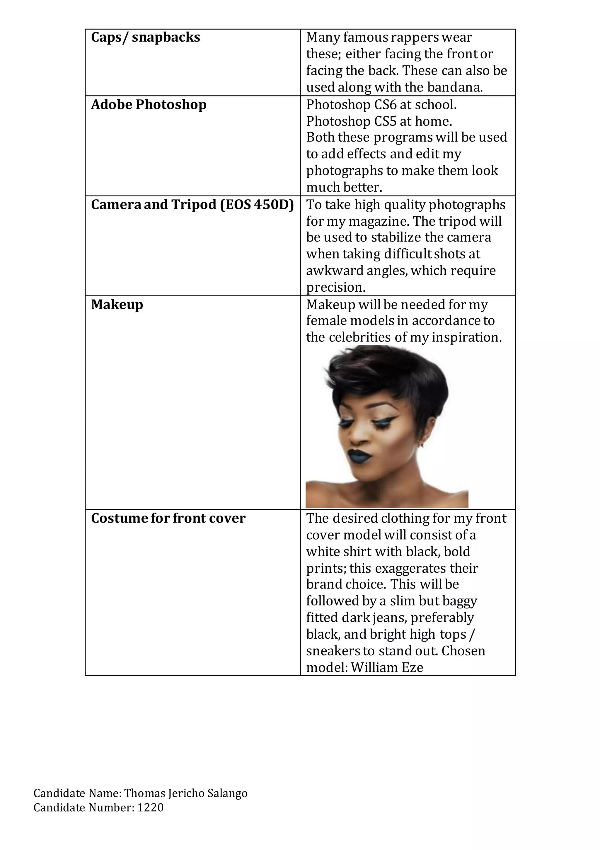 Candidate Name: Thomas Jericho Salango
Candidate Number: 1220
Caps/ snapbacks Many famousrapperswear
these; either facing the frontor
facing the back. These can also be
used along with the bandana.
Adobe Photoshop Photoshop CS6 at school.
Photoshop CS5 at home.
Both these programswill be used
to add effects and edit my
photographs to make them look
much better.
Cameraand Tripod (EOS 450D) To take high quality photographs
for my magazine. The tripod will
be used to stabilize the camera
when taking difficultshots at
awkward angles, which require
precision.
Makeup Makeup willbe needed for my
female modelsin accordanceto
the celebrities of my inspiration.
Costume for front cover The desired clothing for my front
cover modelwill consist of a
white shirt with black, bold
prints; this exaggerates their
brand choice. This willbe
followed by a slim but baggy
fitted dark jeans, preferably
black, and bright high tops/
sneakersto stand out. Chosen
model: William Eze
 