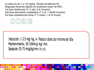 La dosis es de 1 a 1.8 mg/kg. Tiempo de latencia 30
Segundos teniendo fijación en proteínas mayor de 95%.
1ra fase distribución (T ½ dist. 2-4 minutos).
2da fase eliminación metabólica (T ½ el. = 30-60 minutos).
3ra fase redistribución lenta (T ½ redist. = 6-10 horas).
 