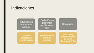 Indicaciones
Inducción de
la anestesia
general
Cuidados
anestésicos
monitorizados
Sedación en
pacientes
ventilados en
UTI
Procedimientos
fuera del
quirófano
Otros usos
Inducción y
mantenimiento
de AG en
técnicas de TIVA
 