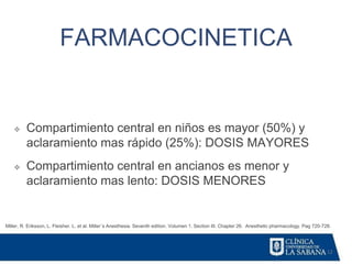 12
FARMACOCINETICA
Miller, R. Eriksson, L. Fleisher. L. et al. Miller´s Anesthesia. Seventh edition. Volumen 1. Section III. Chapter 26. Anesthetic pharmacology. Pag 720-728.
❖ Compartimiento central en niños es mayor (50%) y
aclaramiento mas rápido (25%): DOSIS MAYORES
❖ Compartimiento central en ancianos es menor y
aclaramiento mas lento: DOSIS MENORES
 