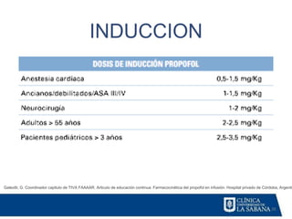 26
INDUCCION
Galeotti, G. Coordinador capitulo de TIVA FAAAAR. Articulo de educación continua: Farmacocinética del propofol en infusión. Hospital privado de Córdoba, Argentin
 