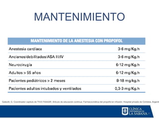 27
MANTENIMIENTO
Galeotti, G. Coordinador capitulo de TIVA FAAAAR. Articulo de educación continua: Farmacocinética del propofol en infusión. Hospital privado de Córdoba, Argentin
 