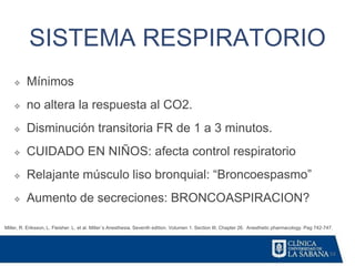 53
SISTEMA RESPIRATORIO
Miller, R. Eriksson, L. Fleisher. L. et al. Miller´s Anesthesia. Seventh edition. Volumen 1. Section III. Chapter 26. Anesthetic pharmacology. Pag 742-747.
❖ Mínimos
❖ no altera la respuesta al CO2.
❖ Disminución transitoria FR de 1 a 3 minutos.
❖ CUIDADO EN NIÑOS: afecta control respiratorio
❖ Relajante músculo liso bronquial: “Broncoespasmo”
❖ Aumento de secreciones: BRONCOASPIRACION?
 